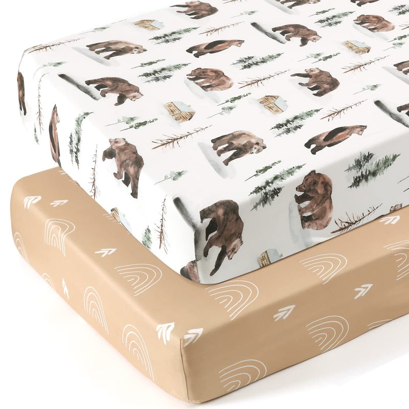 GRSSDER Stretchy Crib Sheets 2 Pack for Baby, Ultra Soft Jersey Knit Crib Fitted Sheets with Deep Pocket, Universal Fits All Standard Crib Mattress Pads Safe and Snug, Jungle Bear/Rainbow - Image 2